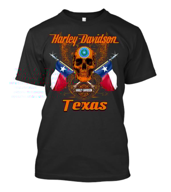 Harley Davidson Texas Skull And Crossed Flags With State Seal And Cycles T-Shirt