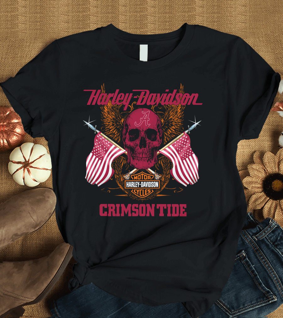 Harley Davidson Crimson Tide Skull Flags Alabama T-Shirt