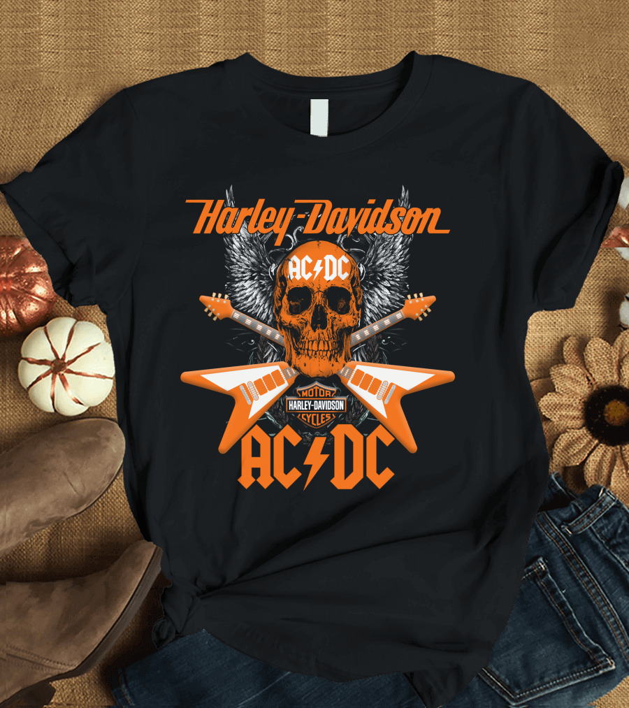 Harley Davidson Ac/Dc Skull Electric Guitar Motor Cycles T-Shirt