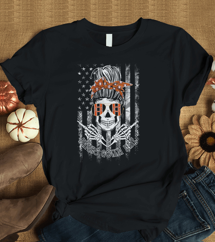 Haters Gonna Hate Skull With Chicago Bears Glasses And American Flag T-Shirt