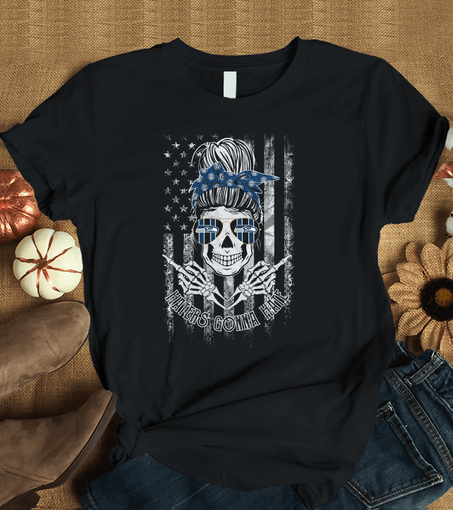 Haters Gonna Hate Seattle Seahawks Skull With Bandana And Sunglasses T-Shirt