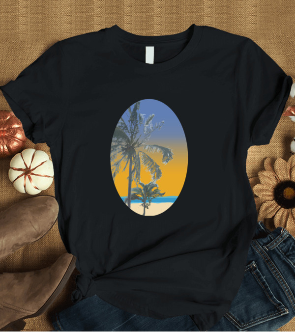 T-Shirt: Elegant Tropical Palm Beach Sunset on Vibrant Horizon T-Shirt Elegant Tropical Palm Beach Sunset on Vibrant Horizon T-Shirt