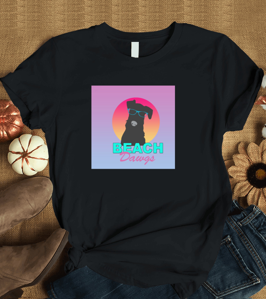 Beach Dawgs Retro Gradient Sunset Airedale Silhouette with Sunglasses T-Shirt
