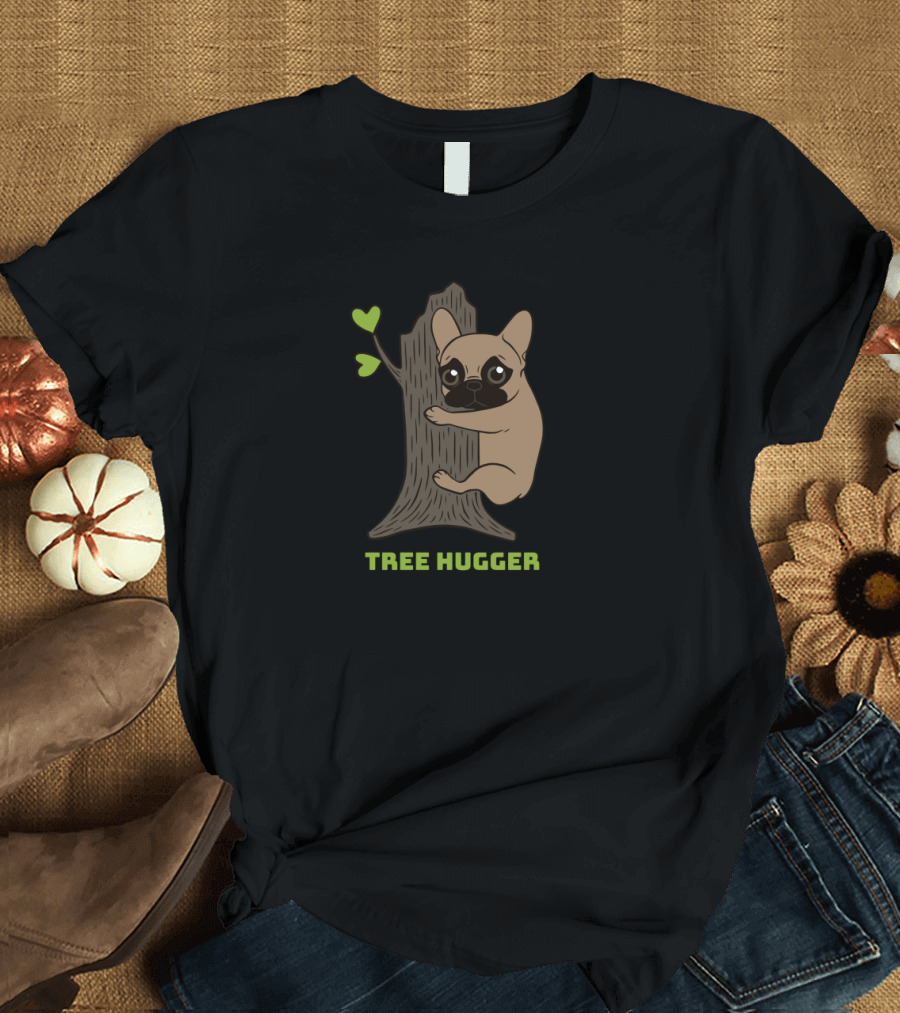 Tree Hugger Black Mask Frenchie Embracing Environment with Love Hearts T-Shirt