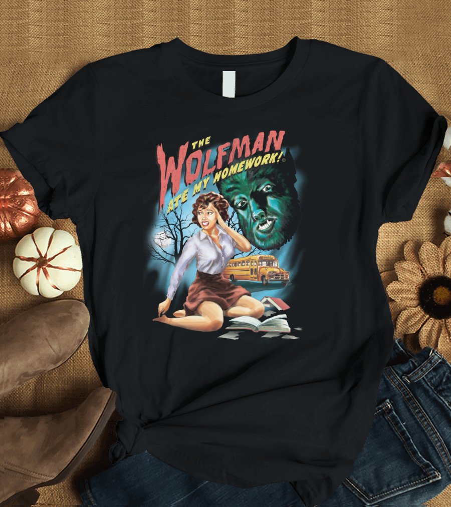 The Wolfman Ate My Homework Vintage Horror School Bus Scene T-Shirt