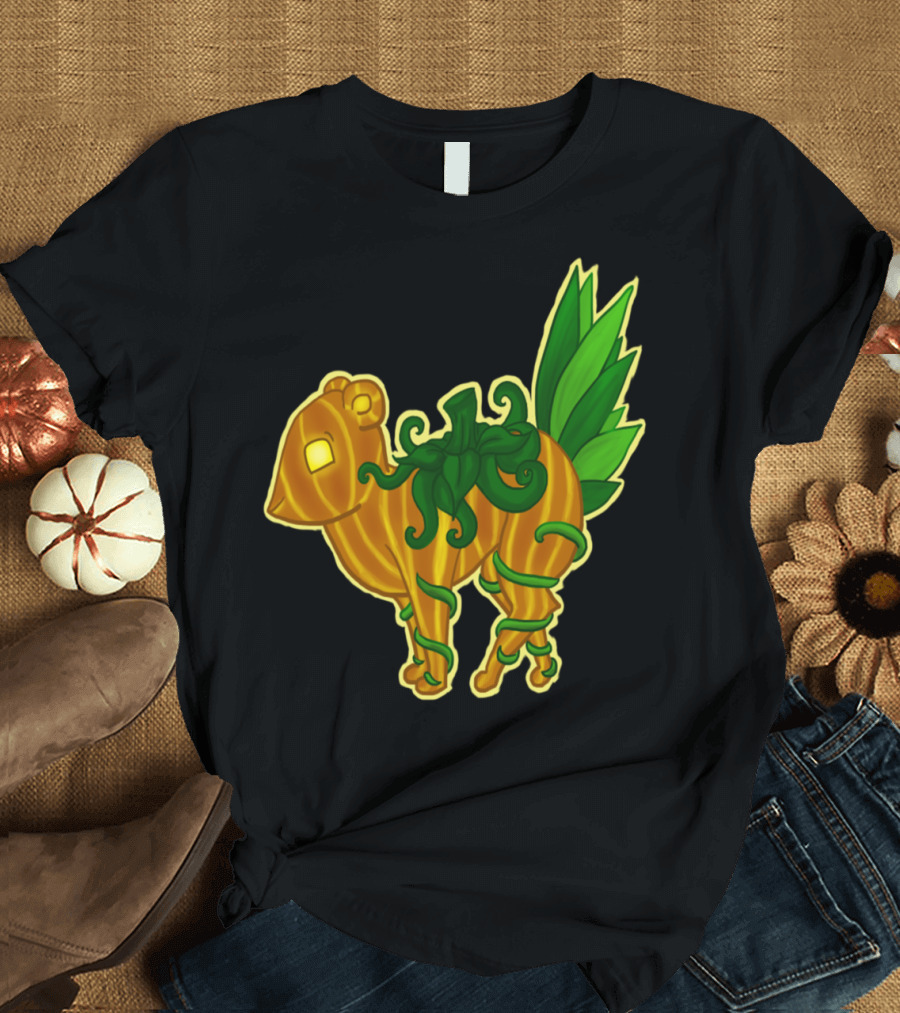 Jumping Pumpkin Monster Creature with Green Vines and Leaves T-Shirt