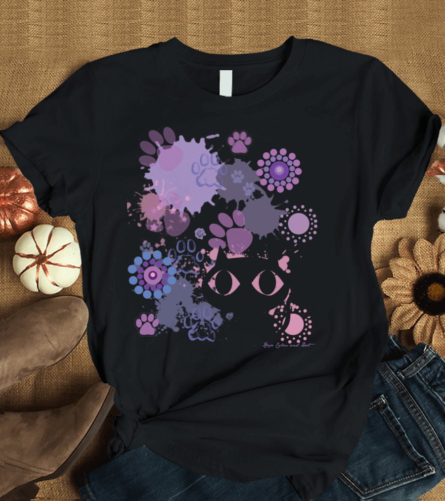 Island Paws Cat Silhouette and Colorful Paw Prints by Robyn Gabel Purr T-Shirt