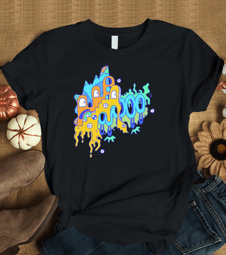 Blue Mountain Dripping Eye Pattern with Abstract Stairs and Faces T-Shirt