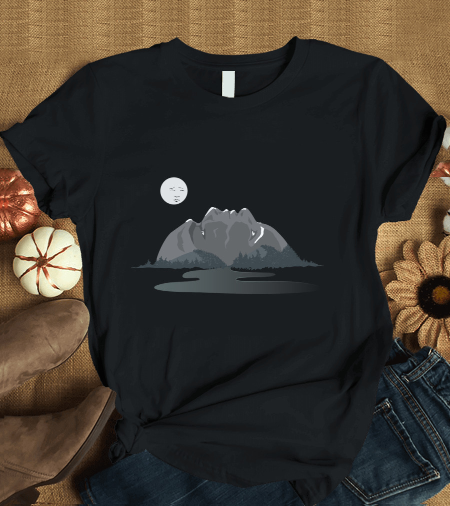 Mountain Faces Under the Moonlit Sky with Facial Silhouette Peaks T-Shirt