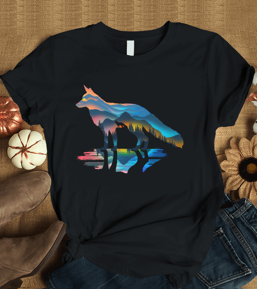 Mountain Fox Sunset Silhouette with Colorful Landscape and Reflections T-Shirt