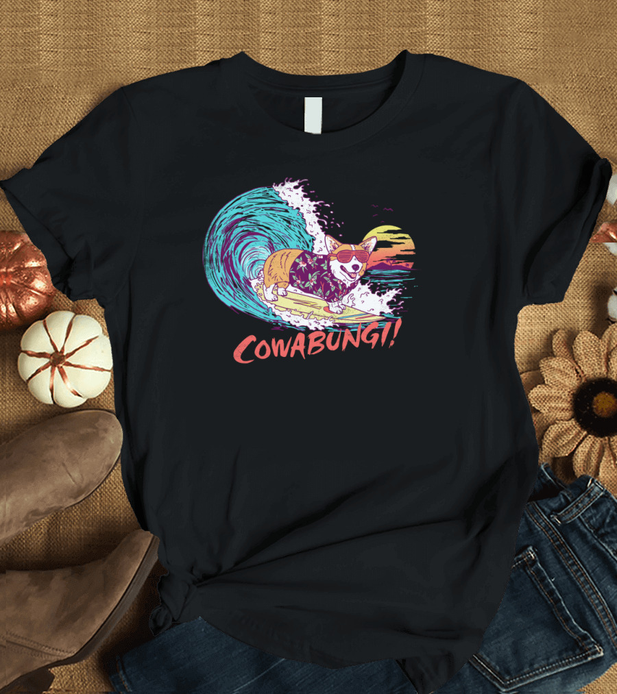 Cowabungi Corgi Surfing Wave Sunset Sunglasses T-Shirt