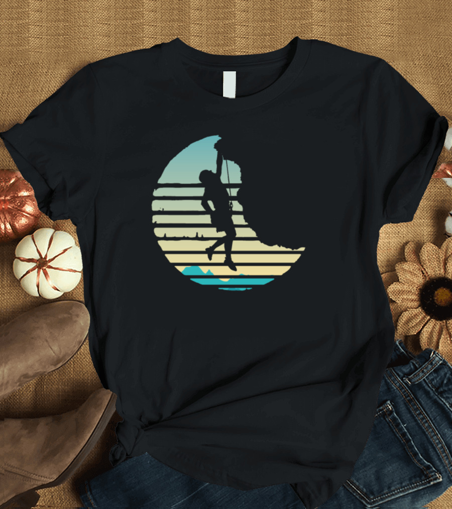 Sunset Silhouette Mountain Climber in Circle T-Shirt