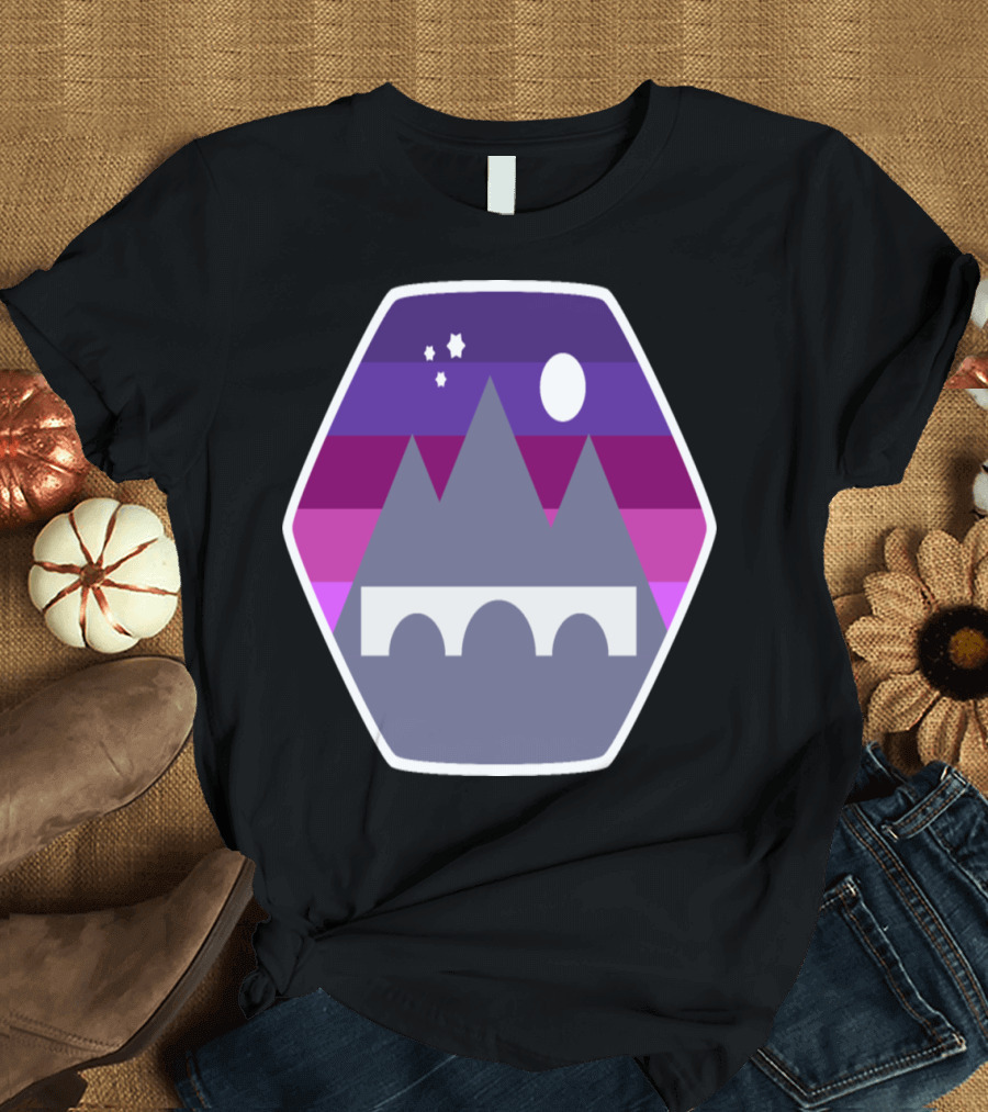 Nighttime Mountain Silhouette with Stars and Moon Over Bridge T-Shirt