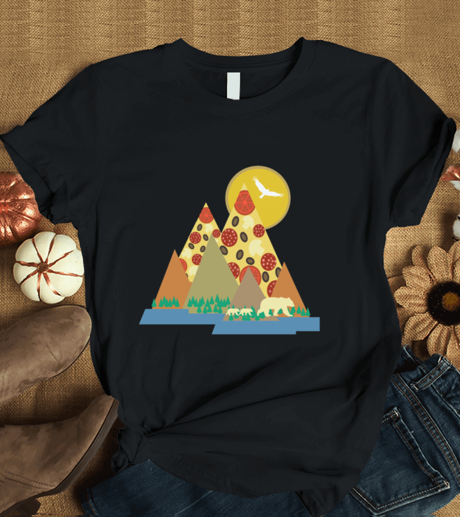 Pizza Mountains with Forest Bears and Flying Bird Under Yellow Sun T-Shirt