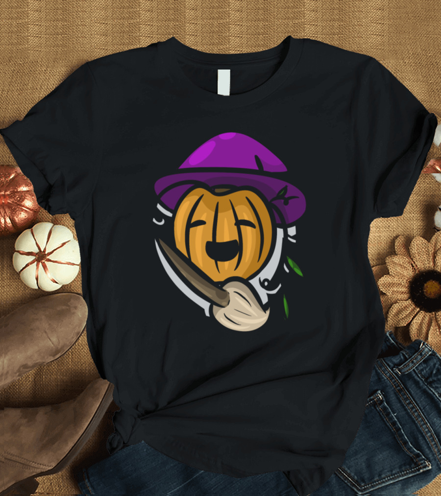 Funky Fruity Pumpkin Witch with Purple Hat and Broomstick T-Shirt
