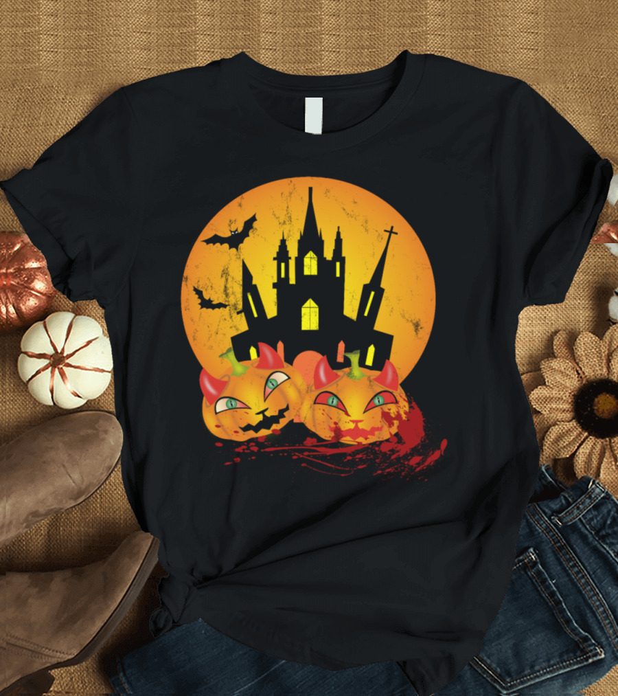 Castle with Pumpkin Haunted Halloween Moon and Devil Pumpkins T-Shirt