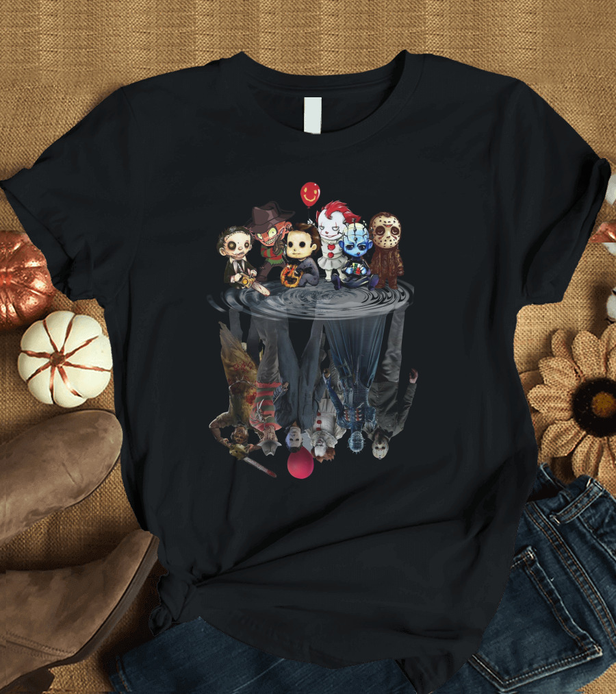 Horror Mashup with Iconic Movie Characters and Reflections T-Shirt