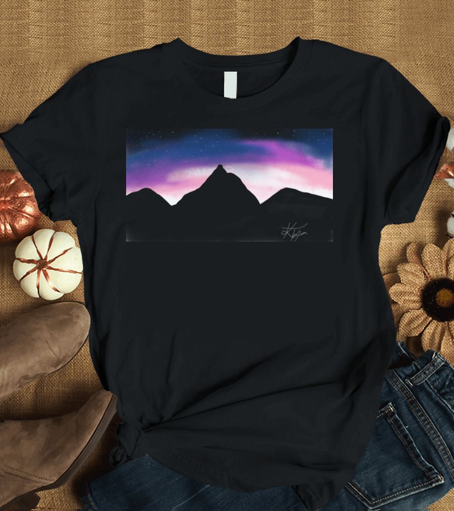 Mountain Space Night Sky Silhouette with Aurora and Stars T-Shirt