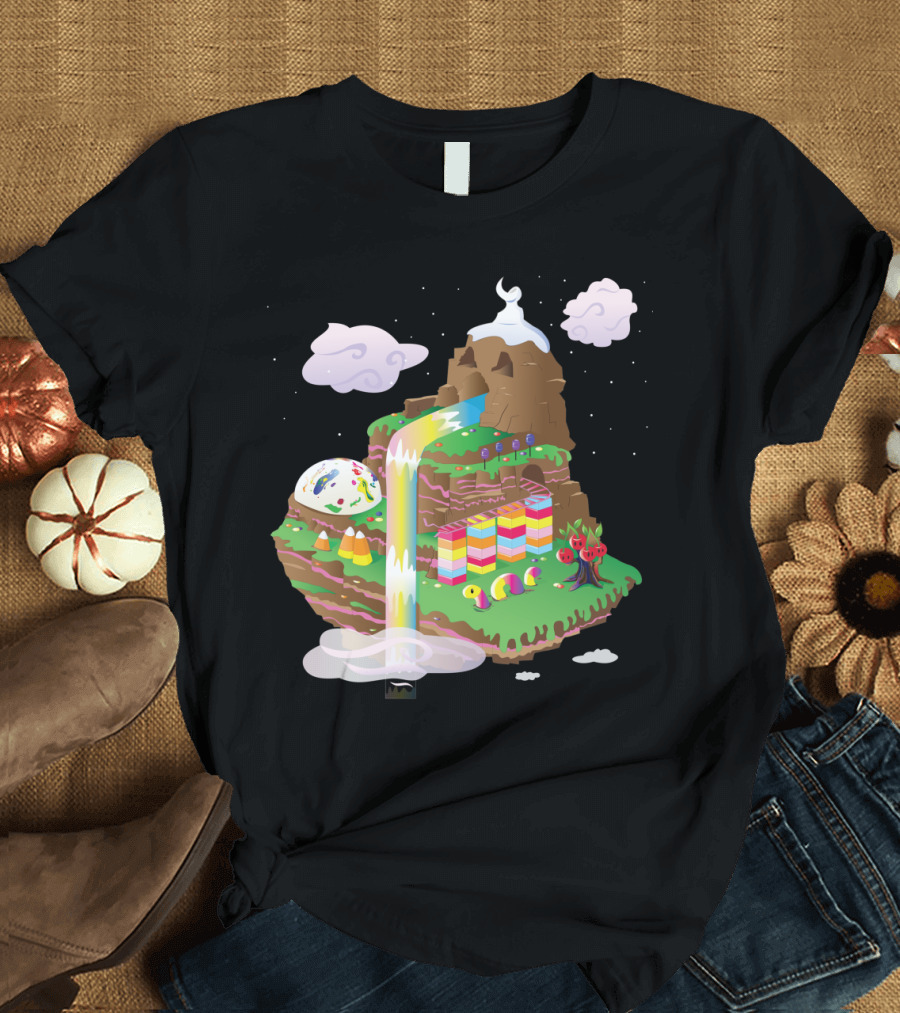 Candy Mountain Fantasy Scene with Colorful Waterfall, Clouds, and Candy Elements T-Shirt