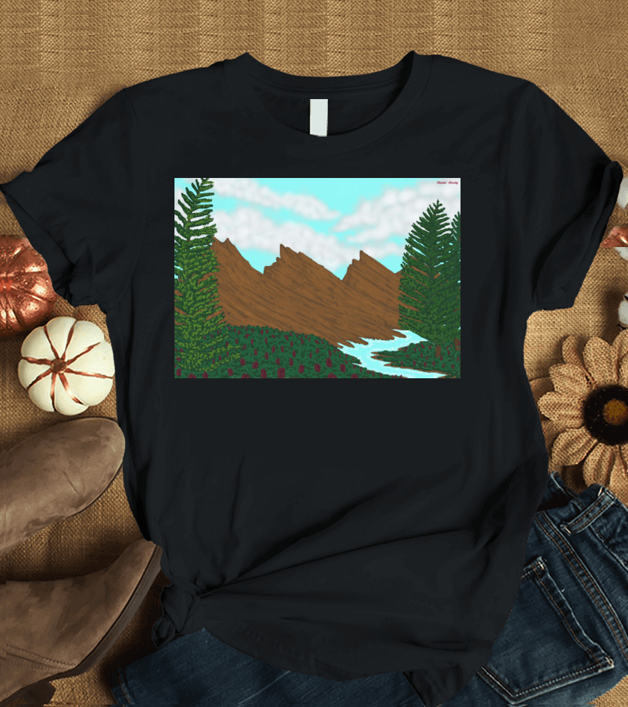 Brown Mountains Landscape with Evergreen Trees and Flowing River by Daniel Moody T-Shirt