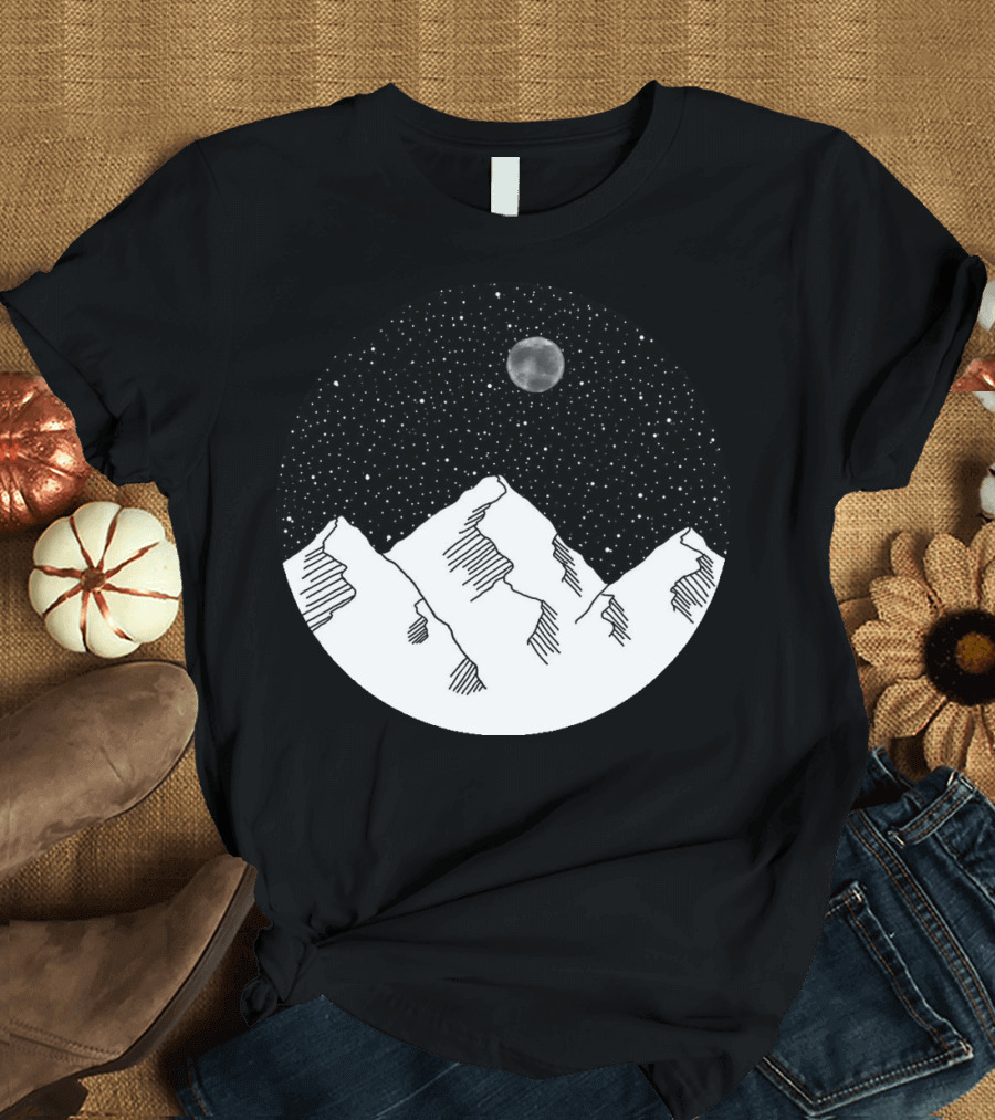 Starry Night Sky Over Snowy Mountains with Moon T-Shirt