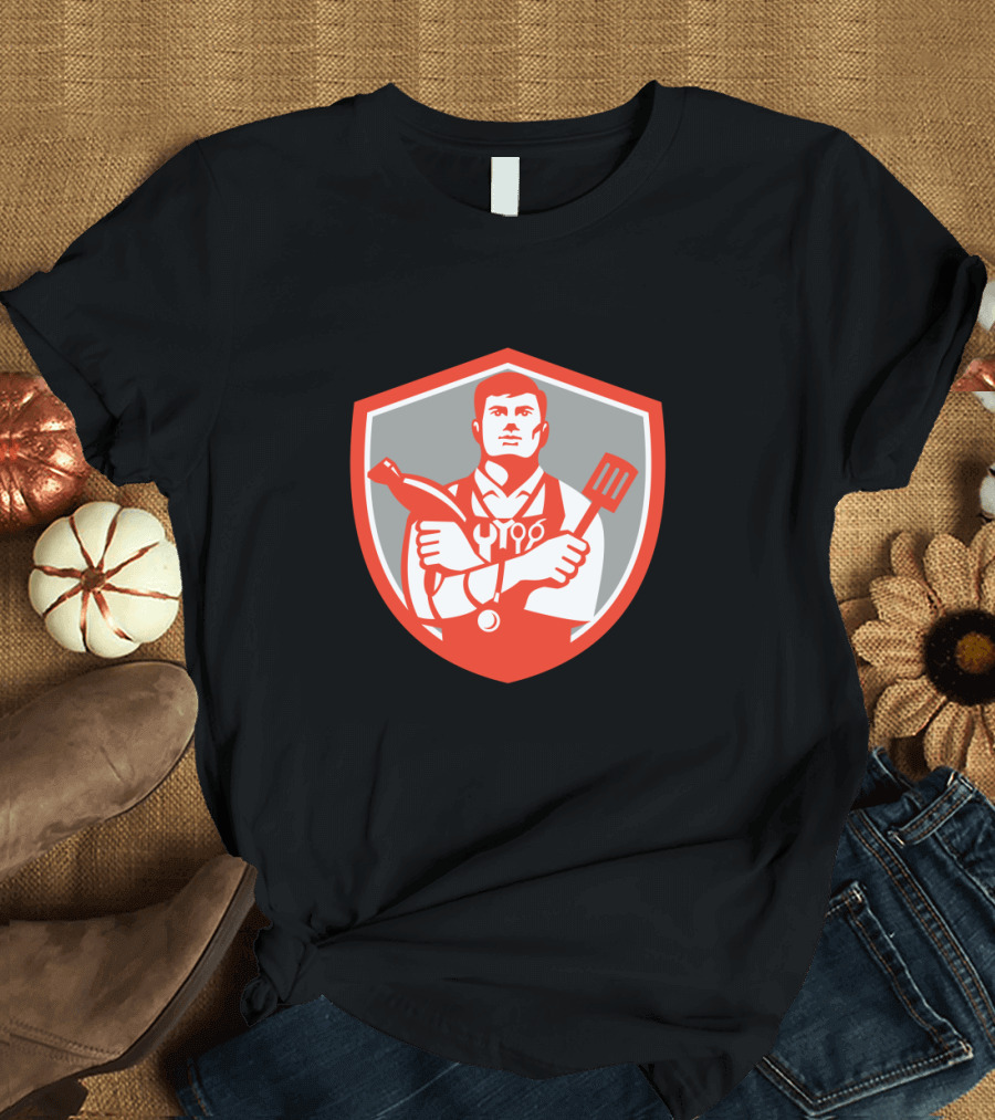 Jack of All Trades Crest with Tools Sausage Scissors Hammer Spatula in Red Shield Emblem T-Shirt