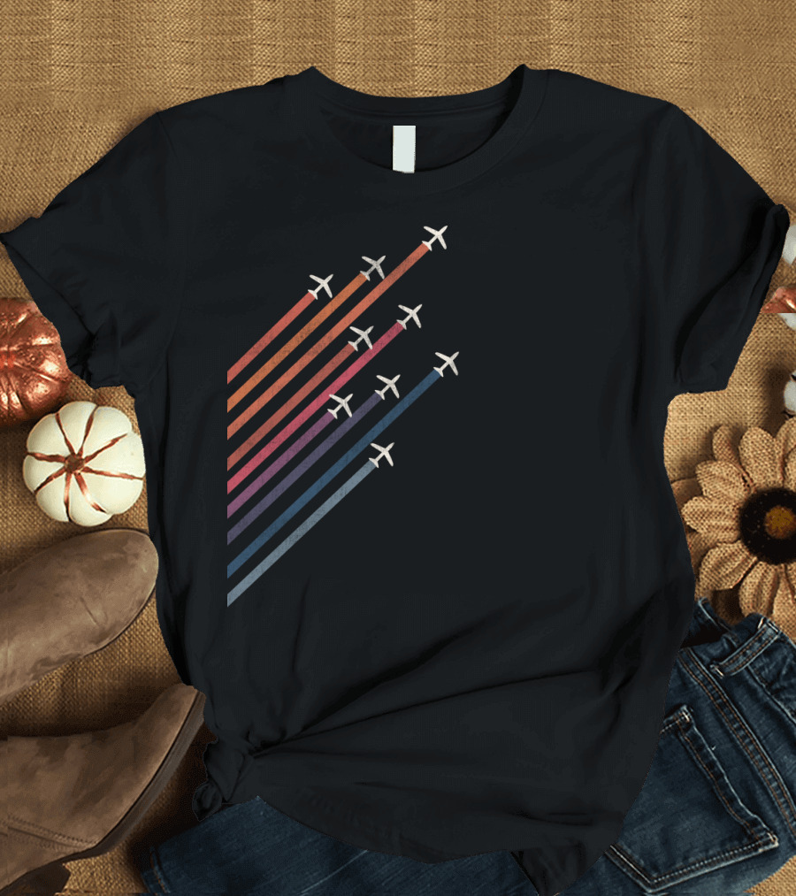 Retro Rainbow Airplanes in Flight Formation T-Shirt