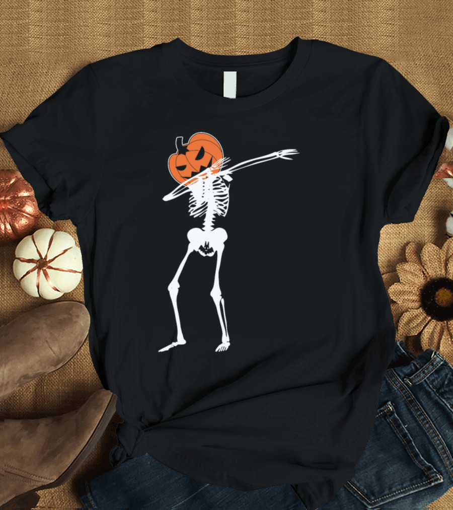Dabbing Pumpkin Head Skeleton Halloween Fun T-Shirt
