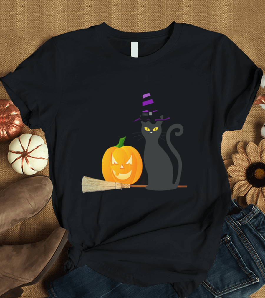 Halloween Black Cat Pumpkin Witch Hat and Broomstick T-Shirt