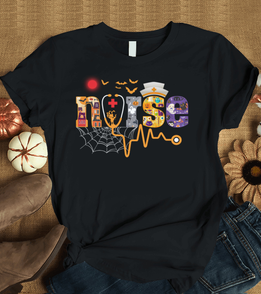 Halloween Nurse Bats Pumpkin Spider Witch Hat Nurse Cap T-Shirt