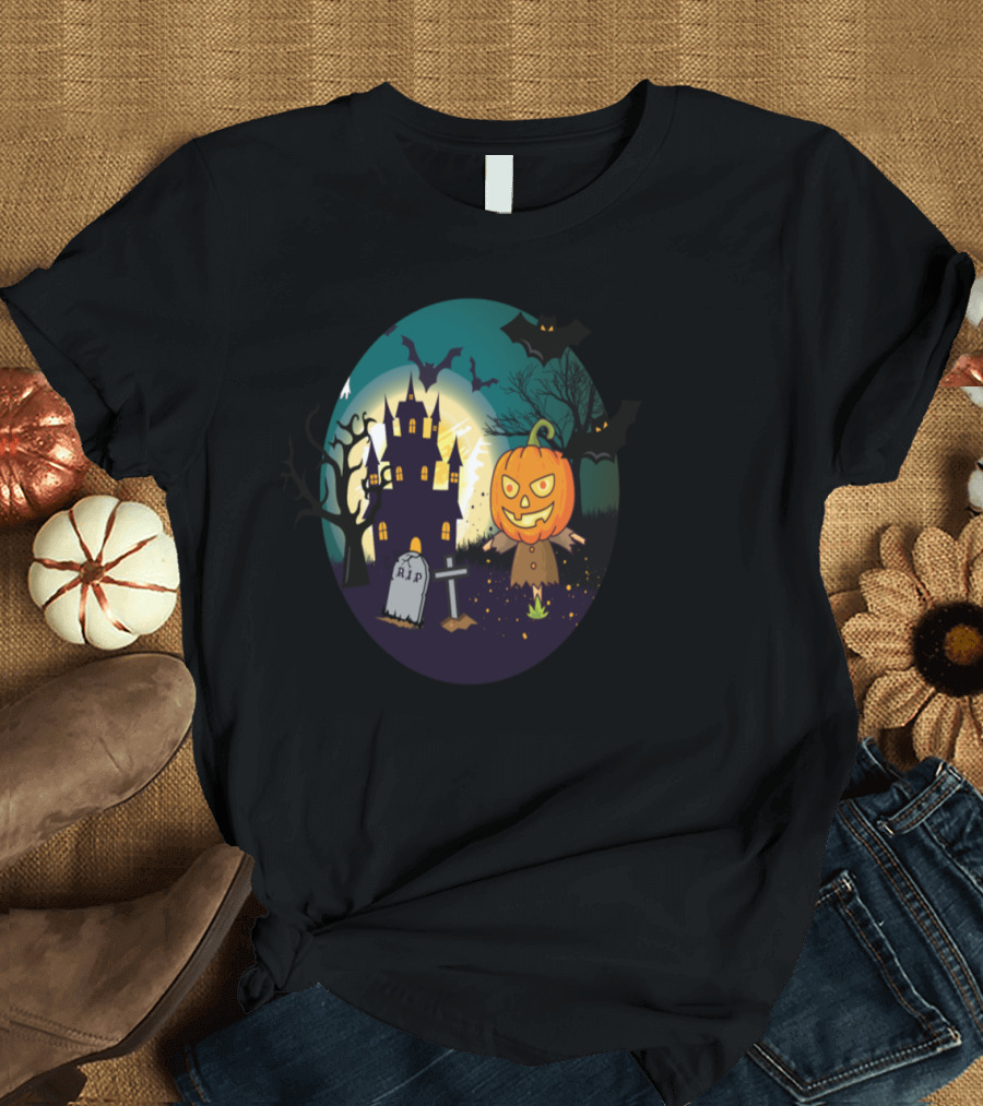Spooky Pumpkin Patch with Haunted House and Bats Halloween Scene T-Shirt