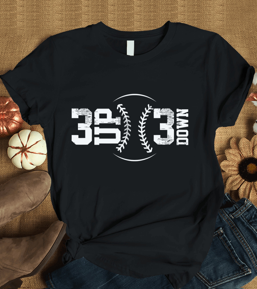 3 Up 3 Down Baseball Vintage Style with Distressed Numbers and Baseball Seam T-Shirt