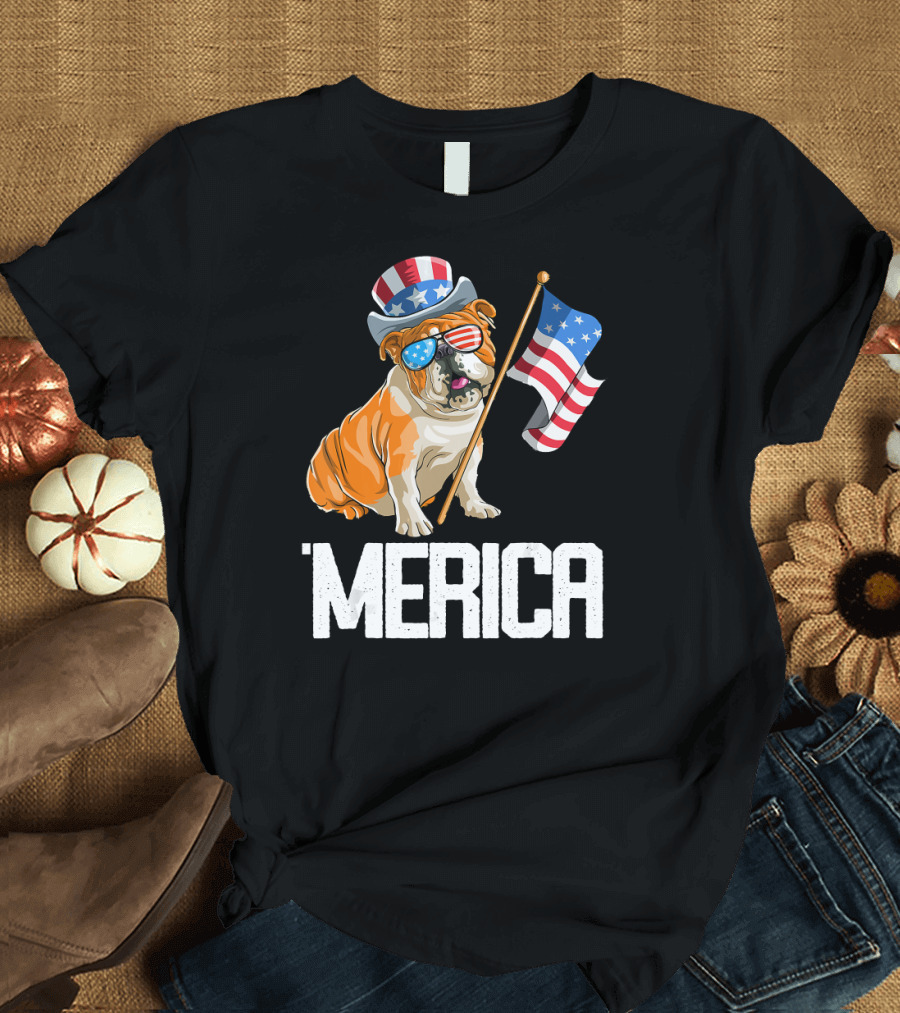 'Merica Bulldog with Flag and Patriotic Hat Sunglasses USA 4th of July T-Shirt