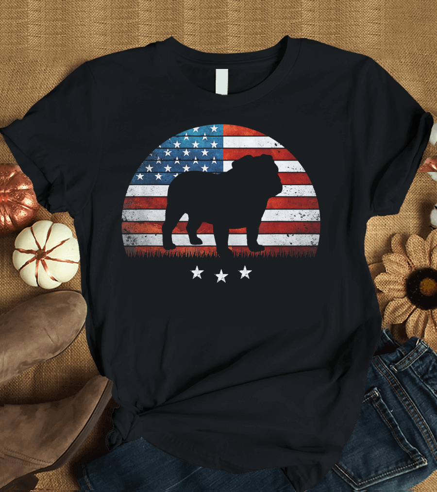 4th of July Distressed American Flag English Bulldog Silhouette Stars T-Shirt