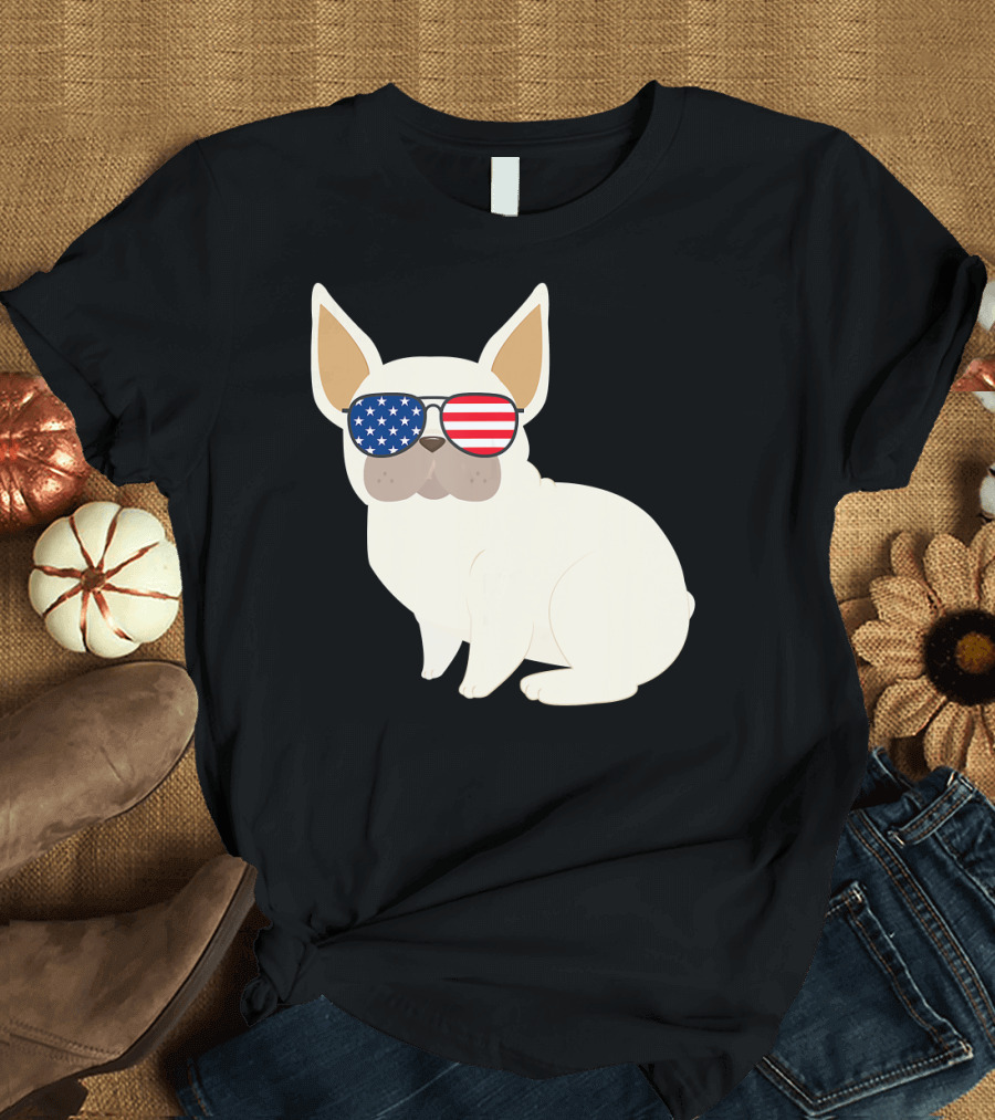 4th of July French Bulldog Dog Patriotic American Flag Sunglasses T-Shirt