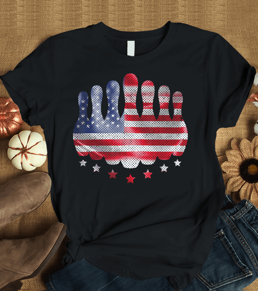 4th of July American Flag Bowling Pin Stars T-Shirt