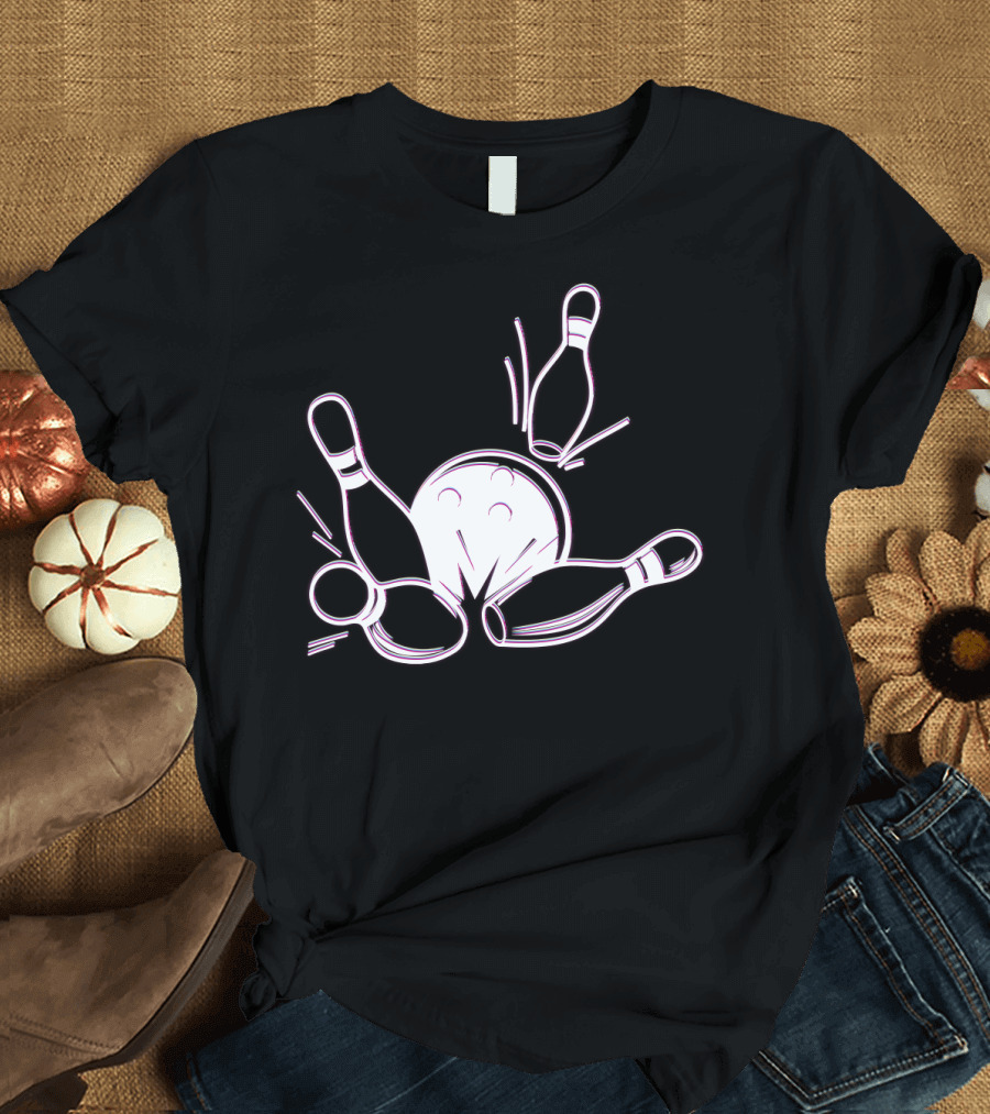 '80s Neon Sign Bowling Strike Pins and Ball Retro Vibes T-Shirt