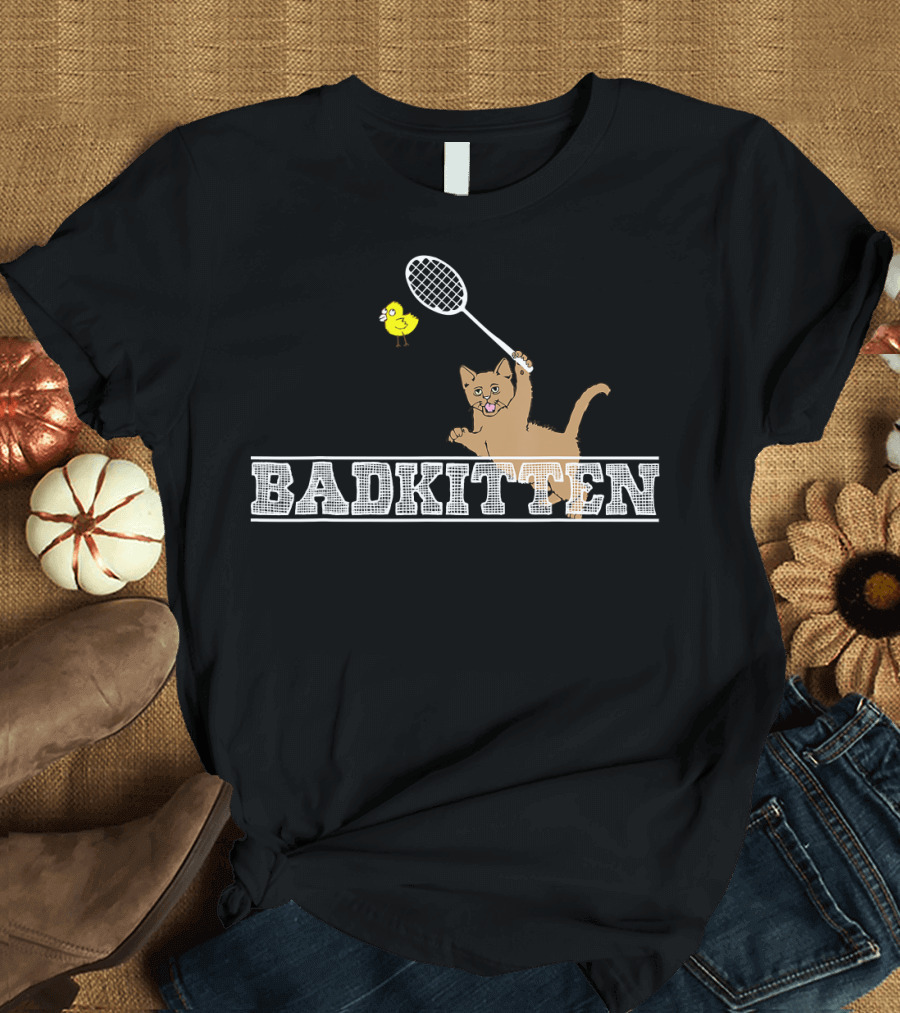 Bad Kitten Badminton Playful Cat with Bird Funny Cat Lovers T-Shirt