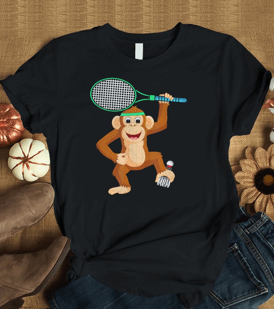 Chimpanzee Playing Badminton with Racket and Shuttlecock Animal Sport T-Shirt