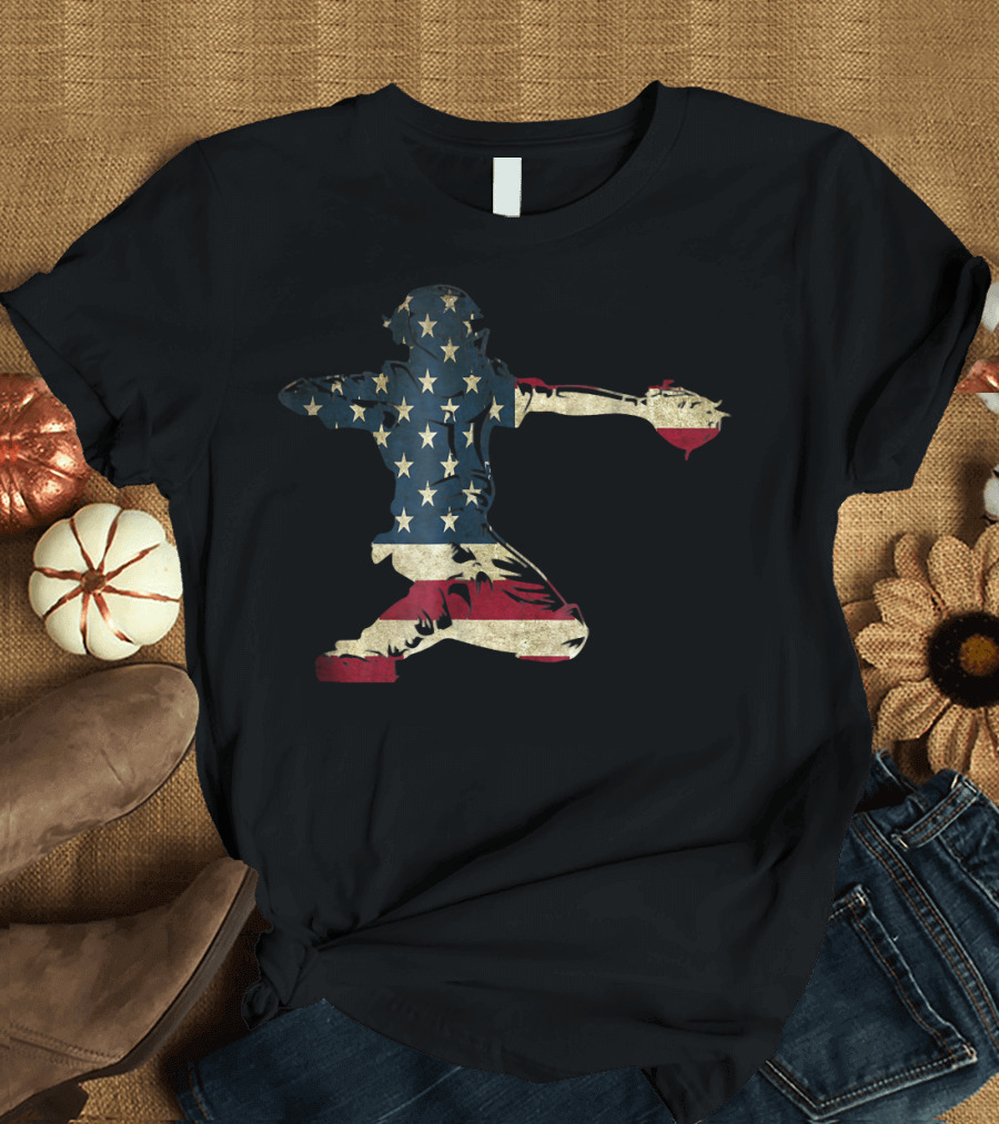 Baseball Catcher Gear USA American Flag T-Shirt