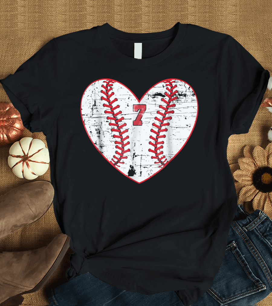 Baseball Distressed Heart Number 7 T-Shirt