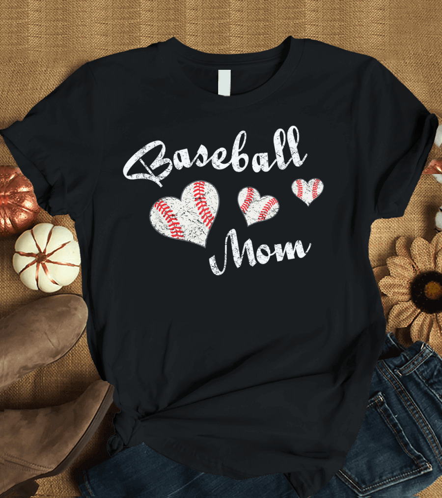 Baseball Mom Heart Design with Red Stitching T-Shirt