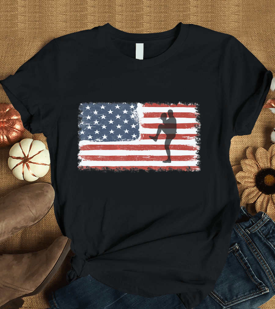 Pitcher Silhouette on American Flag Baseball Great T-Shirt