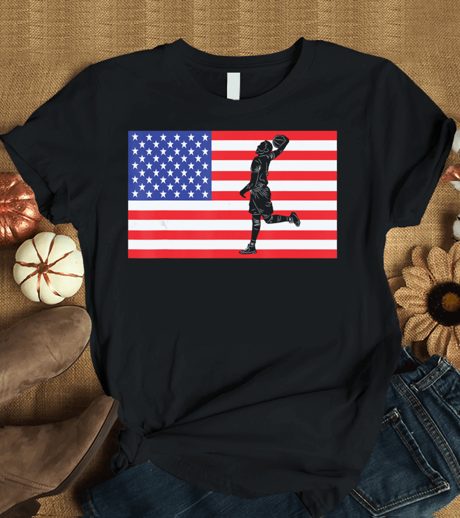 Basketball Player Dunking American Flag USA T-Shirt
