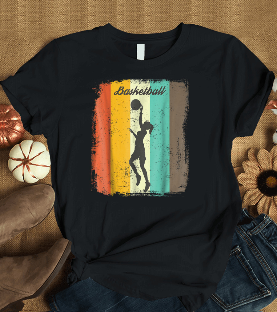 Basketball Player 70s Vintage Silhouette Retro Stripes T-Shirt