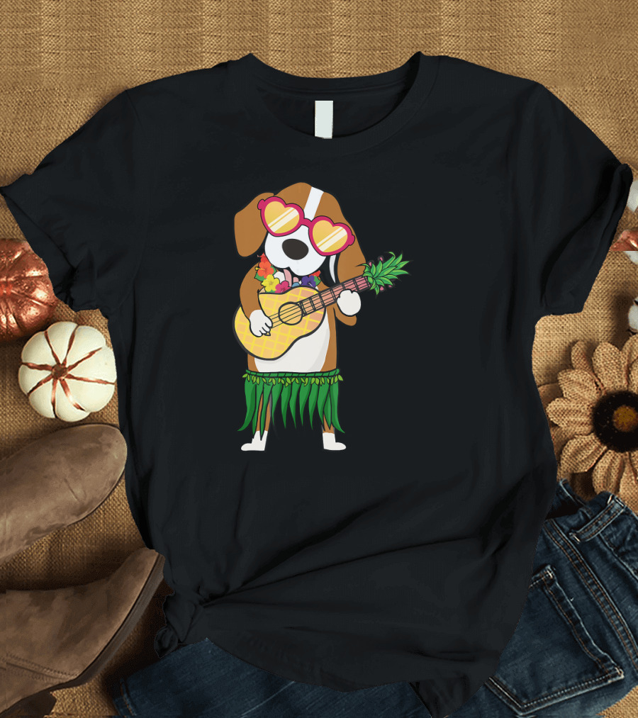Beagle Hawaiian Costume Playing Ukulele with Pineapple and Heart Sunglasses T-Shirt