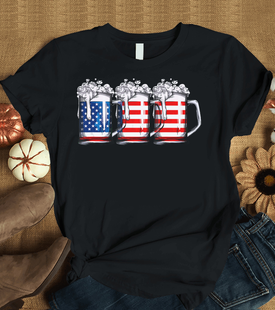Beer Mugs American Flag 4th of July T-Shirt