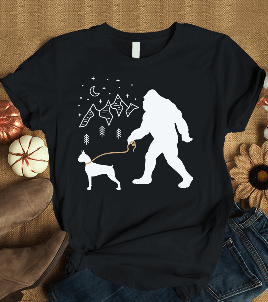 Bigfoot Walking a Boxer Dog Under Moon and Stars T-Shirt