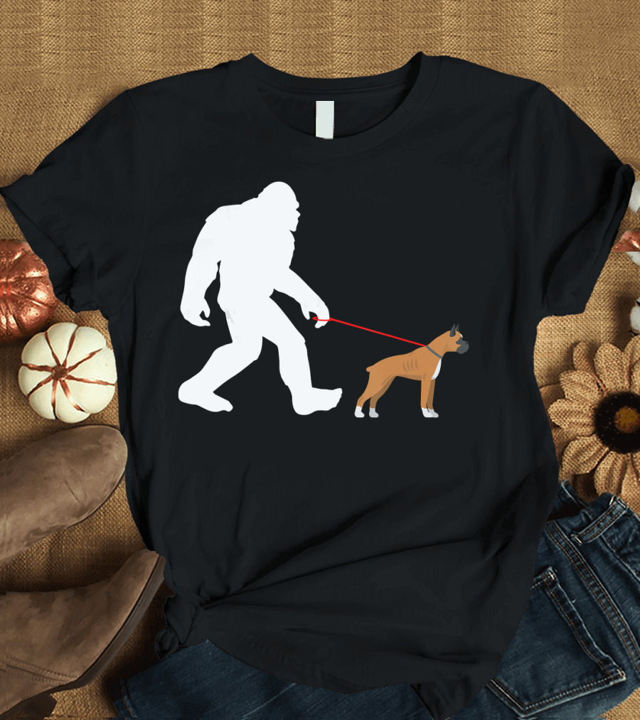 Bigfoot Walking Boxer Dog Sasquatch Adventure T-Shirt