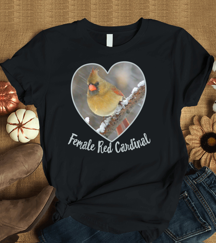 Female Red Cardinal Bird in Heart Frame T-Shirt